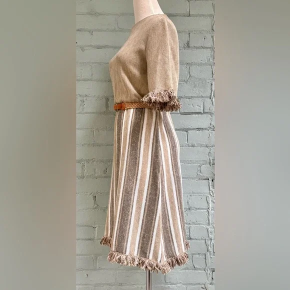 Vintage Woven Beige Striped Knit Midi Dress with Fringe - Picture 4 of 9